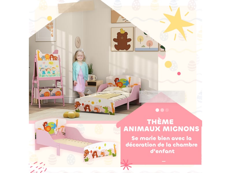  Lit enfant 70x140 cm motif animal 140 x 70 cm avec sommier à lattes en bois design sécurisé bas rose  - Conforama R