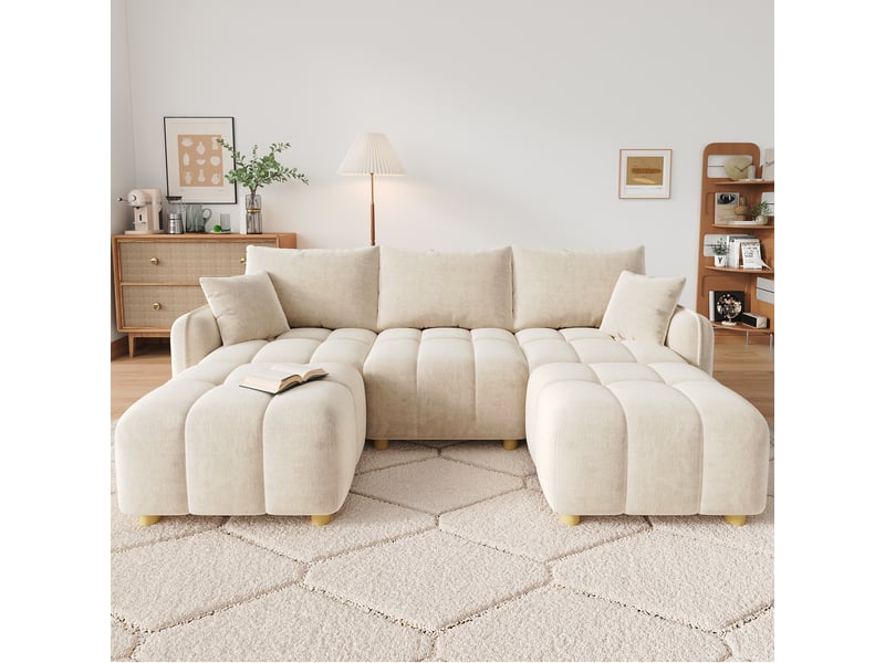  Canapé d angle modulable 5 places 219 x 136 x 84 cm convertible en l ou u avec 2 poufs coussins accoudoirs larges tissu chenille pour salon beige BUYDEEMEUS - Conforama C