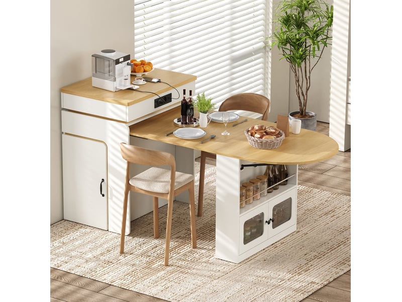  Îlot de cuisine extensible à roulettes avec led, 3 portes 2 tiroirs, blanc  - Conforama B