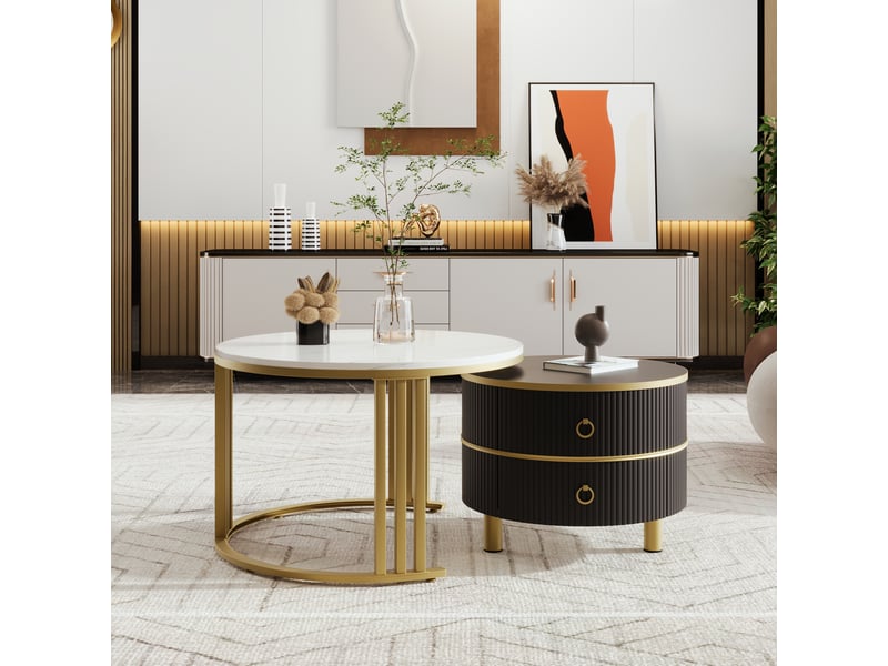  Lot de 2 tables basses rondes 70x70x46 cm + 50x50x40 cm motif marbre, noir et doré  - Conforama W