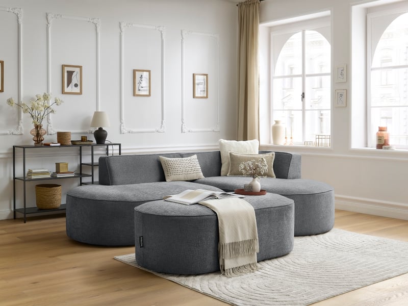 Bobochic canapé d'angle fixe rousseau tissu texturé avec pouf gris foncé angle droit ROUSSEAU - Conforama B
