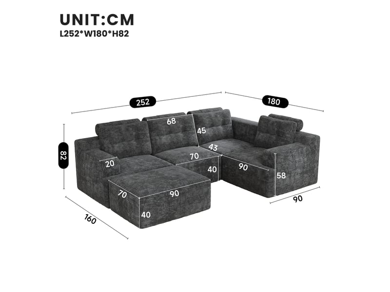 Canapé modulable 5 places en chenille gris, design forme l ou u, mousse sans armature, sans montage requis pour salon et chambre, 252cm - Conforama C