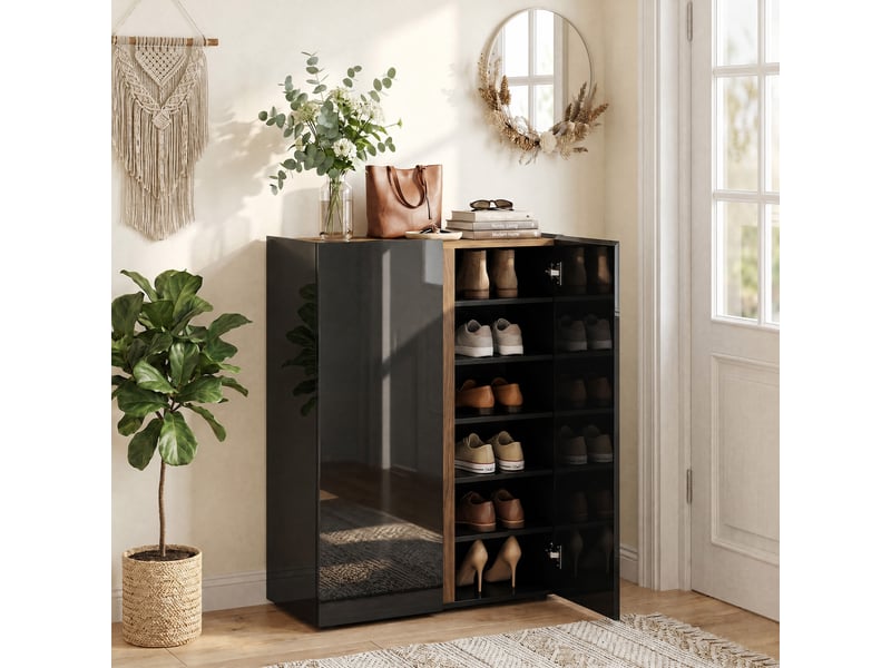  Meuble à chaussures avec ouverture de sécurité silencieuse, 6 étagères, design sans poignées, noir brillant  - Conforama B
