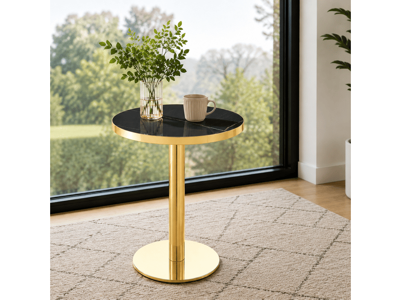  Table d’appoint ronde en mdf à décor marbre avec structure en acier inoxydable doré noir  - Conforama D
