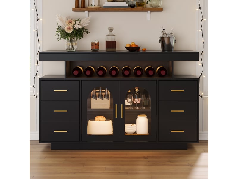  Meuble bar 140x40x82 cm noir avec led rgb, cave à vin, 6 tiroirs, 2 portes vitrées, étagère ouverte, buffet de rangement moderne  - Conforama C