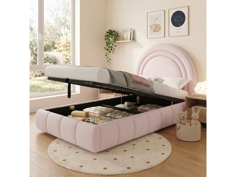  Lit coffre capitonné 90 x 200 cm, réglable hydraulique, sommier à lattes, tête capitonnée velours, rose  - Conforama C