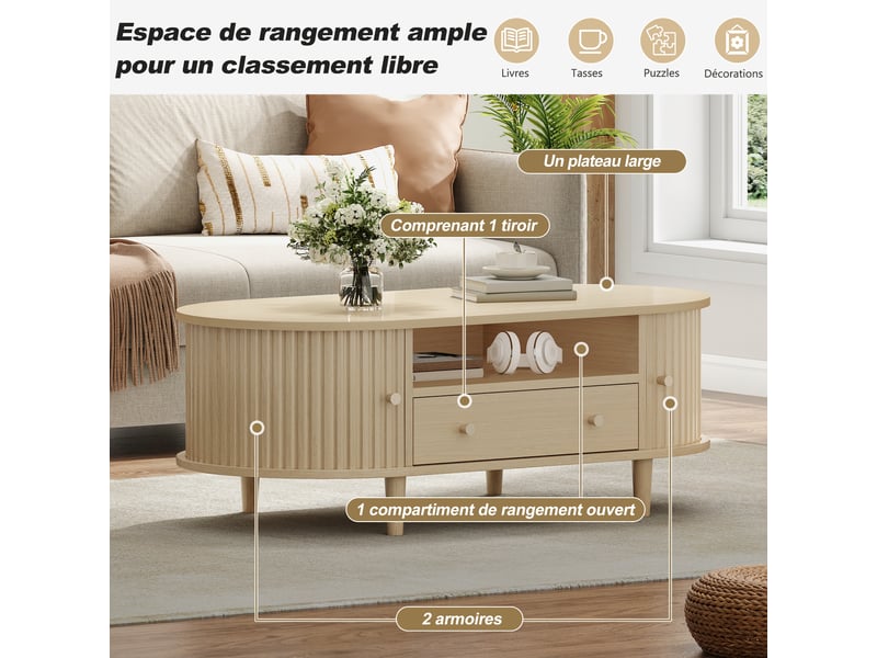  Table basse ovale avec tiroir et portes à rideau, mdf et placage bois, 100 x 50 x 36 cm, coloris chêne  - Conforama W