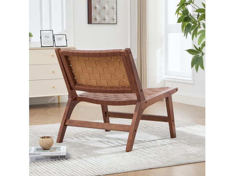  Chaise de loisirs sans accoudoirs en cuir régénéré marron, tressage damier et cadre en bois, style industriel  - Conforama E