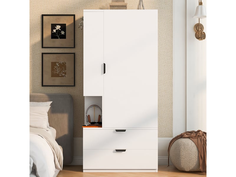 Armoire penderie de chambre 70x50x170 cm - 2 tiroirs - étagères ouvertes - espace penderie - bois et bois reconstitué - blanc - Conforama E