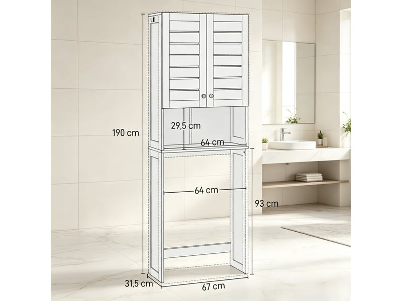 Meuble de rangement au-dessus des toilettes et lave-linge 67x31,5x190 cm portes doubles à lames mdf blanc  - Conforama E