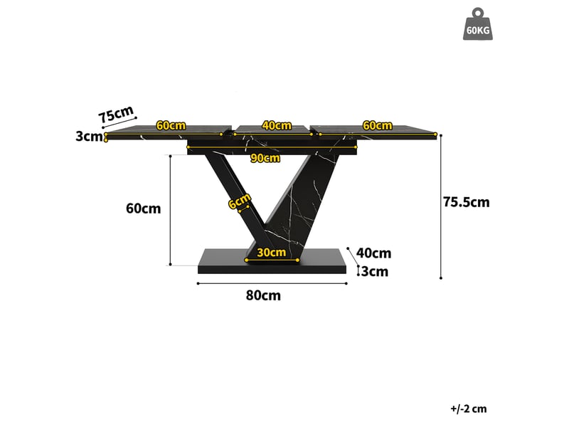  Table à manger extensible 120160x75 cm, 4-6 personnes, rallonge intégrée, plateau effet marbre, pieds métal - noir  - Conforama E