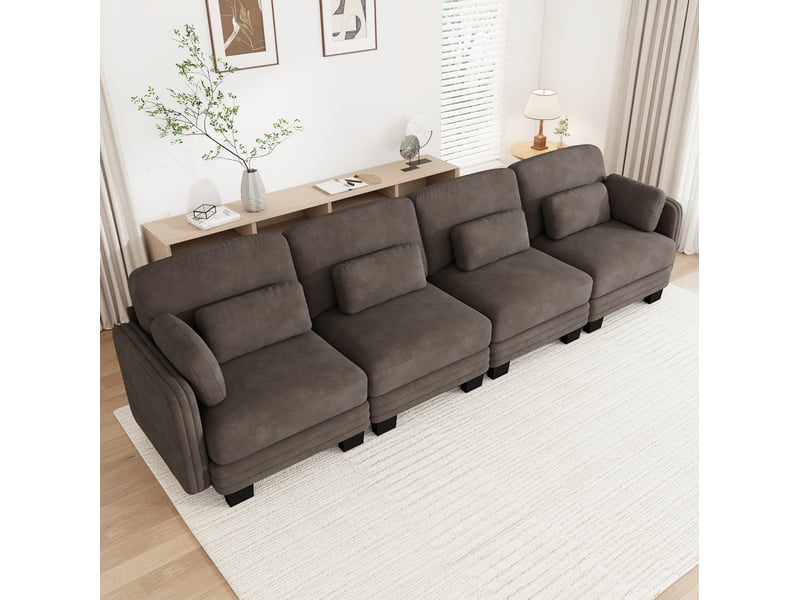 Canapé droit modulable 4 places en chenille marron avec coussins lombaires - Conforama D