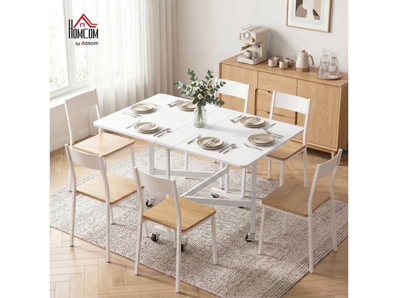  Table de salle à manger pliante pour 4 à 6 personnes avec roulettes et rallonges rabattables, table de cuisine pliante 120 x 80 x 73 cm, blanche  - Conforama C