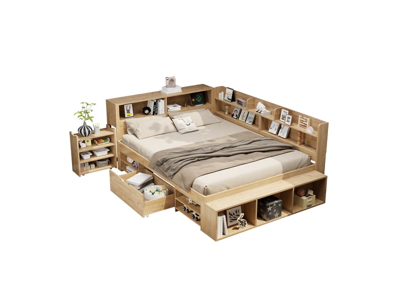  Lit enfant multifonction avec rangements 140x200 cm, chevet intégré, étagères, placards et tiroirs, recharge sans fil, finition bois naturel Radiant Stride - Conforama A