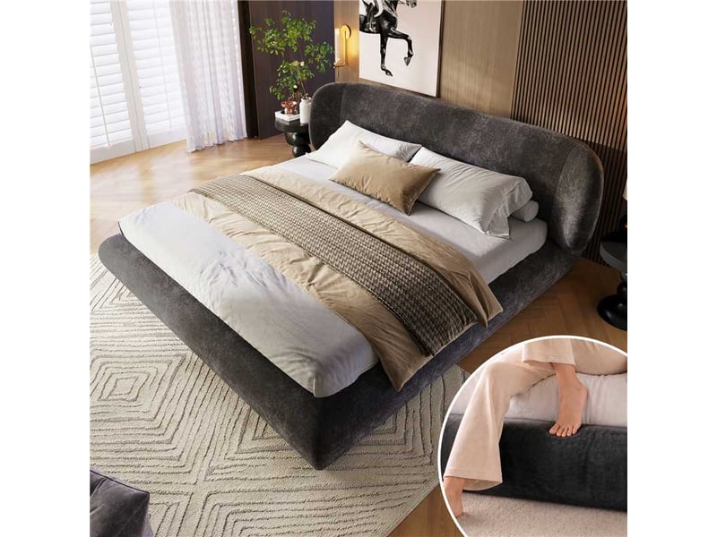  Lit 2 places 140x190 cm, tête de lit rembourrée, sommier à lattes, coins arrondis, cadre rembourré, chenille pour chambre - gris  - Conforama B