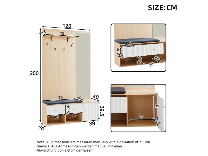 Ensemble de vestiaire 120x40x200 cm effet bois et blanc avec miroir, banc à chaussures, tiroir et crochets - Conforama C