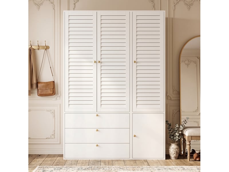  Armoire 135x50x200 cm à 3 portes à lamelles, 2 tringles, 3 tiroirs, panneau de particules blanc, chambre et dressing  - Conforama B