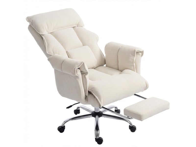  Fauteuil de bureau pivotant réglable en hauteur avec soutien lombaire et repose-pieds, revêtement en flanelle blanc crème, 80 x 80 x 106-114 cm  - Conforama B
