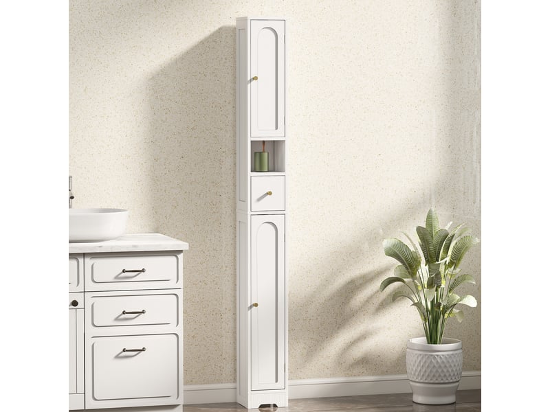 Meuble colonne salle de bain, meuble de rangement, 2 portes, tiroir, compartiment ouvert, blanc, étagère réglable - Conforama D