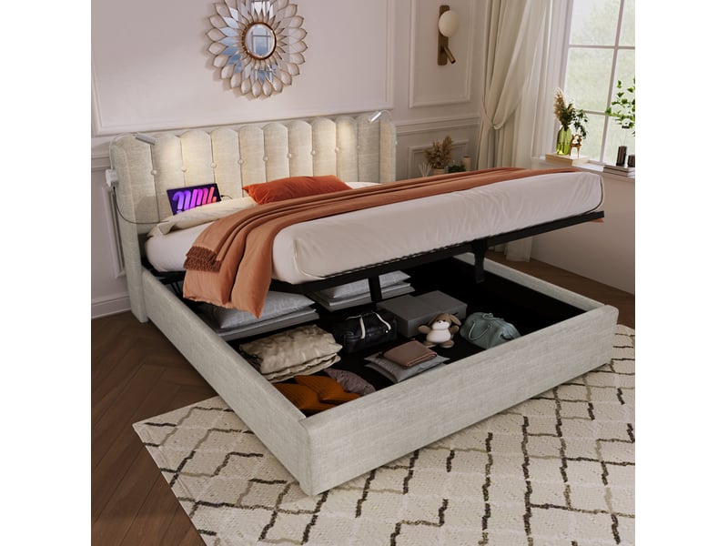  Modenvie lit coffre 160x200 cm - avec matelas, liseuse et ports usb - sommier relevable - beige  - Conforama B