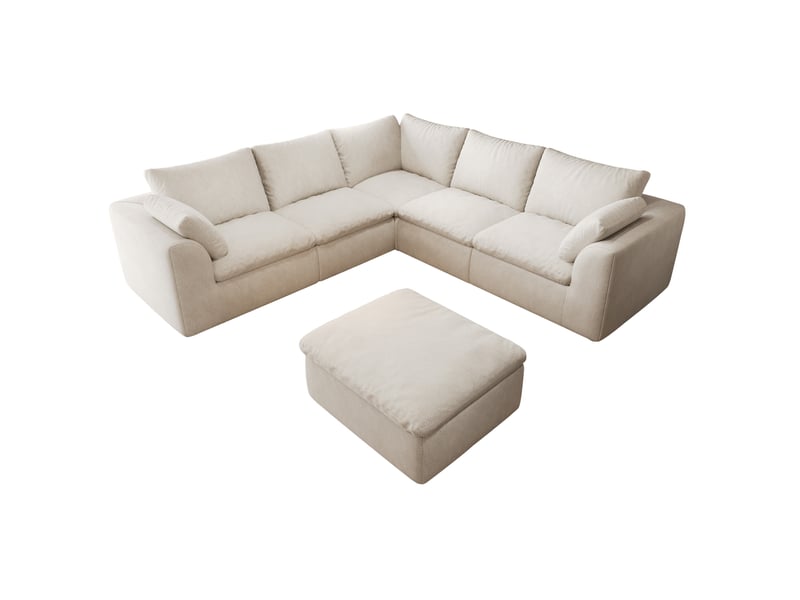  Canapé panoramique en v 6 places 245x245 cm en tissu beige blanc  - Conforama D