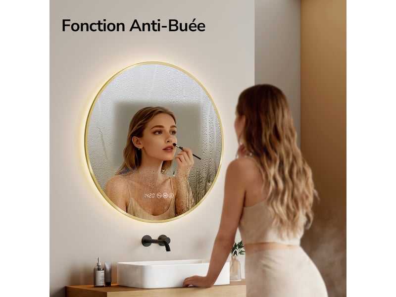  Emke miroir de salle de bain led rond 70x70 cm cadre or brossé, anti-buée, horloge, tactile, température de couleur et luminosité réglables  - Conforama E