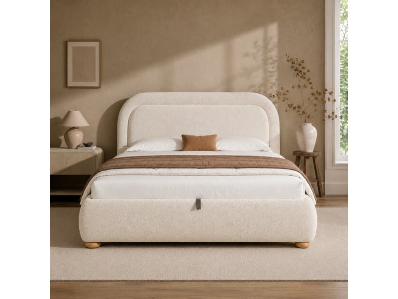  Lit double 140 x 190 cm, avec coffre hydraulique, grand rangement et tête de lit rembourrée, bouclé beige  - Conforama B