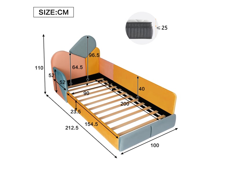 Lit enfant rembourré 90 x 200 cm multicolore avec sommier et côtés surélevés  - Conforama C