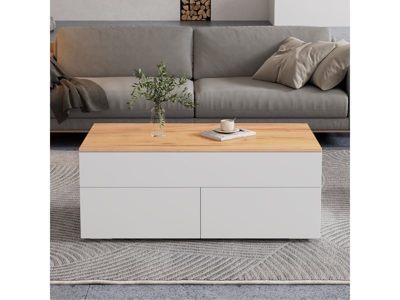  Table basse relevable avec 2 tiroirs, 100 x 50 x 40 cm, blanc et aspect bois  - Conforama E