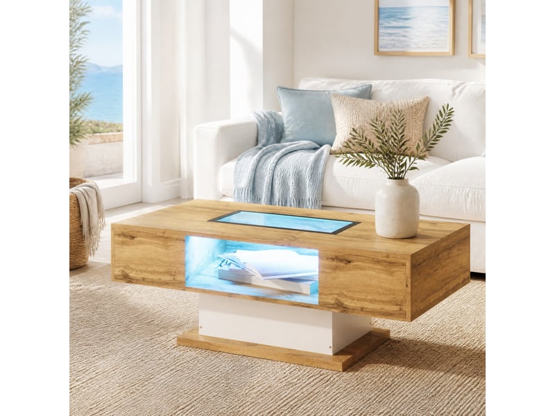  Table basse 110,2x60x39,7 cm avec 2 tiroirs et éclairage led, effet chêne et blanc  - Conforama C