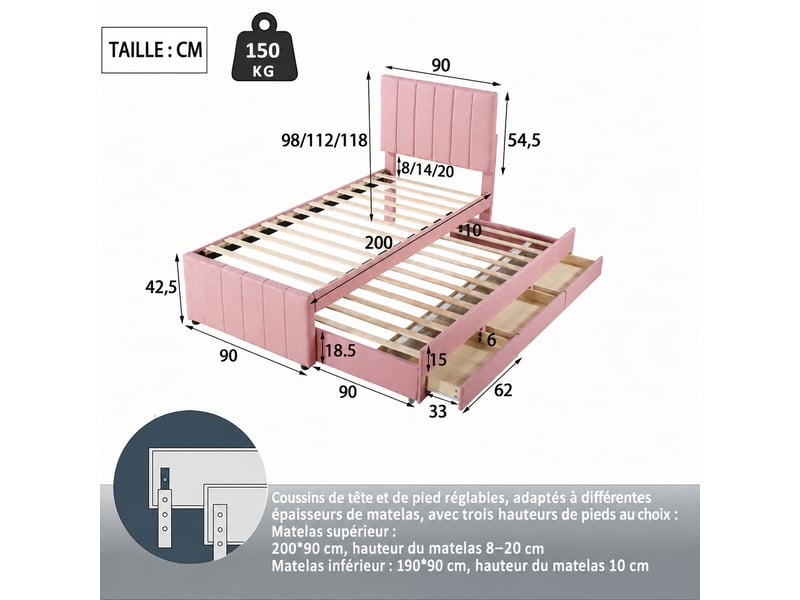  Lit rembourré 90 x 200 cm avec couchage gigogne - rose, 3 tiroirs et tête de lit réglable  - Conforama C