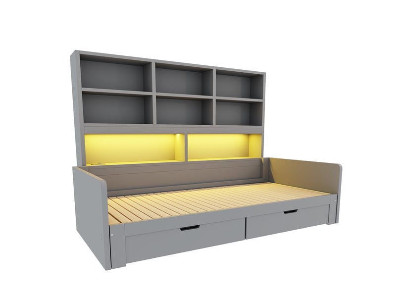Canapé-lit extensible 90/180×200 cm avec led, rangements et tiroirs, gris - Conforama E