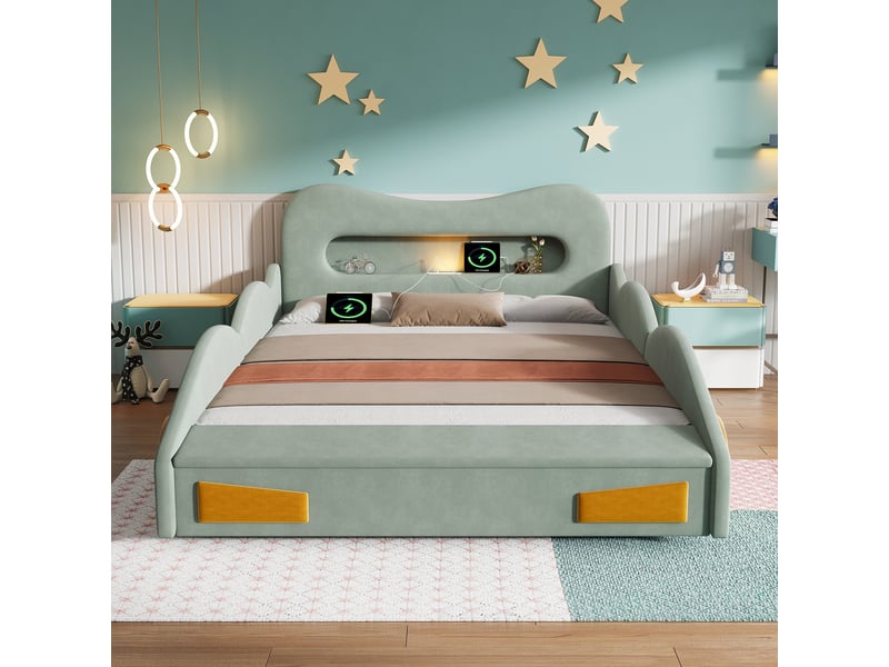  Lit enfant 140 x 200 cm, lit voiture vert en tissu façon flanelle, avec liseuse, port de charge, coffre de rangement au pied du lit  - Conforama D