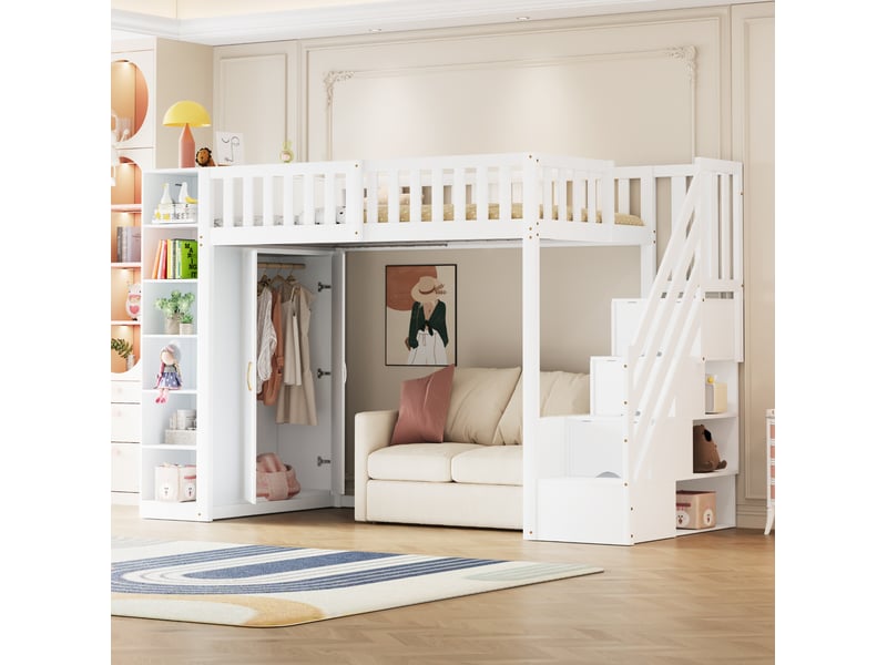  Lit mezzanine 90x200cm, lit enfant, lit simple, armoire, rangement, escalier sécurisé, bois et mdf, blanc sans matelas  - Conforama D