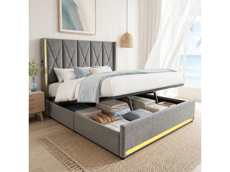 Lit coffre double 180×200 cm avec usb, type-c et led réglable - okmyhome- velours gris foncé, sans matelas - Conforama C