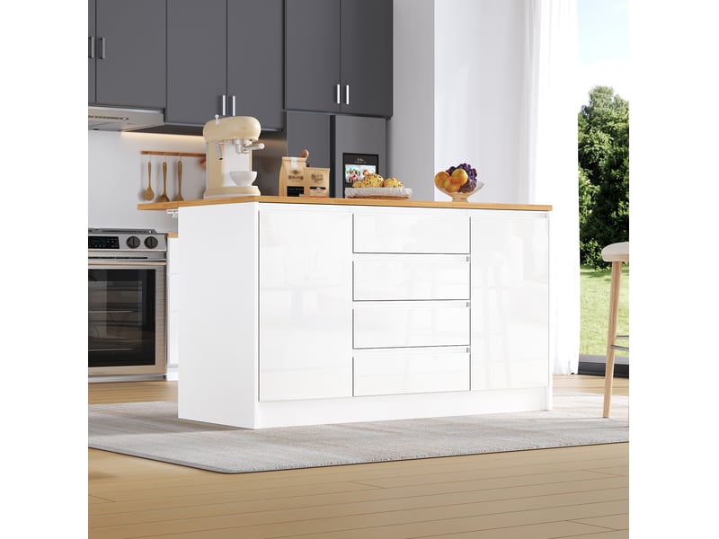  Îlot de cuisine 140x80x90 cm avec plateau rabattable, 4 tiroirs et 2 placards, blanc  - Conforama D