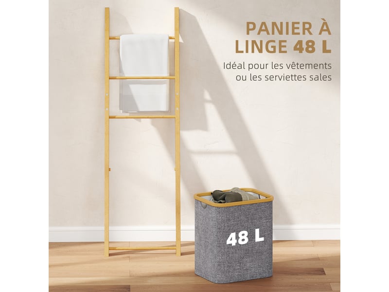  Porte-serviettes bambou avec panier à linge, échelle porte-serviettes avec 1 panier à linge, gris, 43 x 35 x 133 cm  - Conforama E