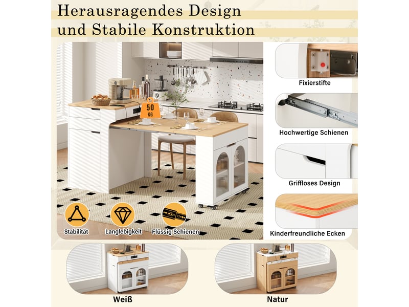  Blanc table de bar extensible avec rangement, design moderne, structure fonctionnelle pour cuisine et salle à manger  - Conforama E