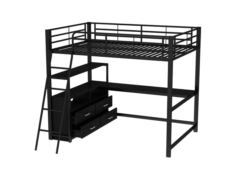 Lit mezzanine noir 140x200 cm avec bureau en l et tiroirs de rangement - Conforama E