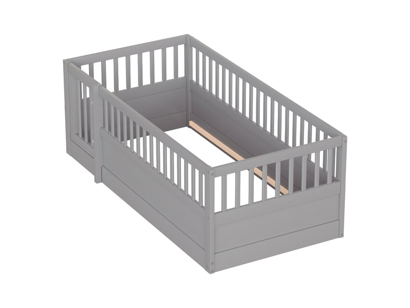  Lit enfant 90x200 cm cadre bois barrières porte gris  - Conforama A