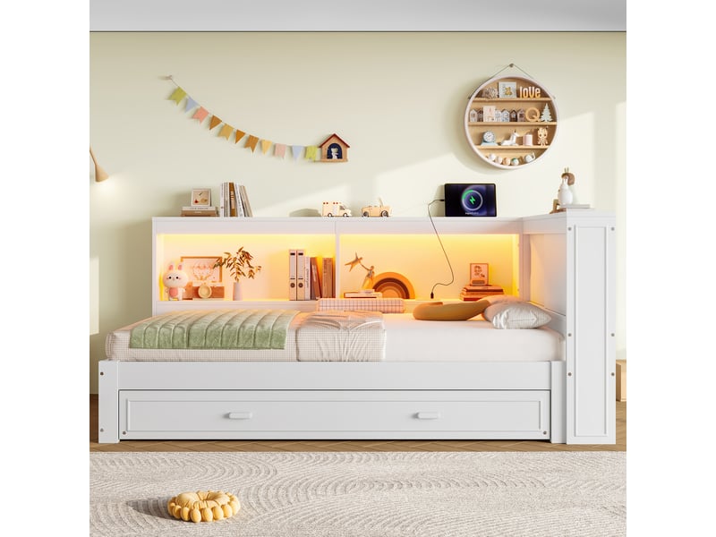  Lit gigogne 90x200 cm coloris blanc led pin lit enfant blanc - Conforama D