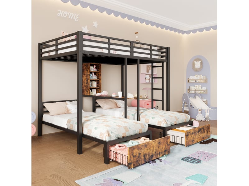  Lit superposé 3 couchages 140x200 cm et 90x200 cm avec rangements noir  - Conforama B