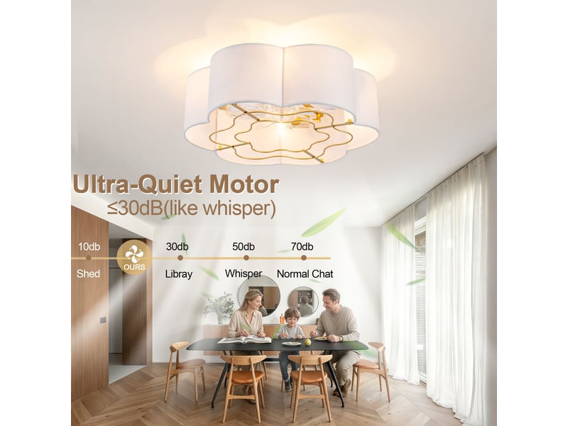  Ventilateur de plafond 50 cm éclairage led abs doré et blanc réversible 6 vitesses télécommande minuterie et mémoire motif fleur  - Conforama D