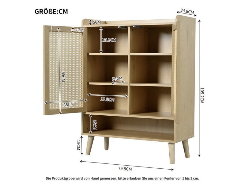  Meuble à chaussures rotin 80 cm - 5 étagères, ouverture sans poignée &amp; coins arrondis - pieds 15 cm compatible robot - style naturel 80x35x105cm - Conforama E
