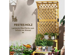 Support plantes en bois jaune, 2 niveaux, treillis, étagère pour jardin et terrasse, 60x50x166 cm
