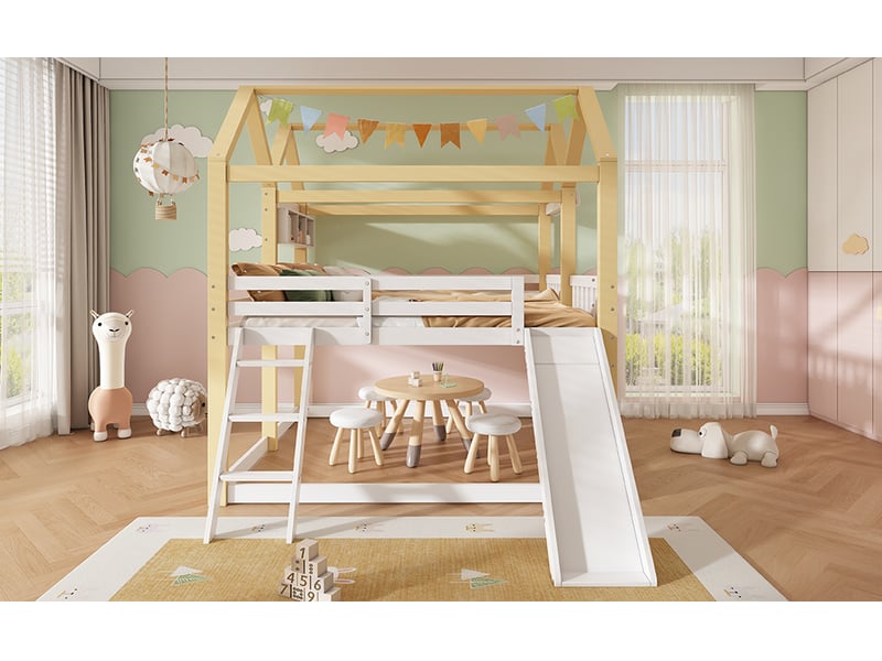  Lit  enfant 90 x 200 cm, avec toboggan échelle aire de jeu, bois, blanc  - Conforama B