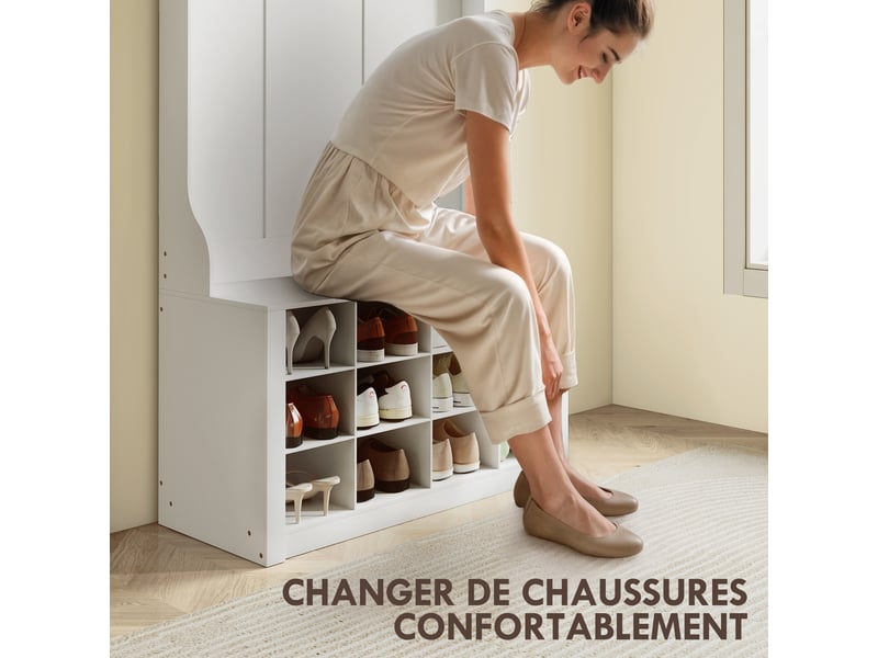  Porte-manteau 4-en-1 avec banc, banc d'entrée avec 12 compartiments à chaussures, blanc, 6 crochets et étagère ouverte  - Conforama E