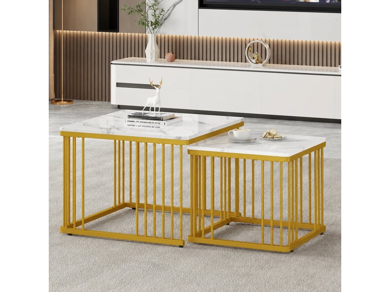  Lot de 2 tables basses gigognes carrées, effet marbre brillant, pieds réglables, blanc et doré  - Conforama C
