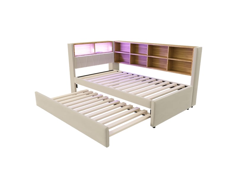 Lit gigogne 90x200 cm 2 en 1 avec led et 10 niches, flanelle, beige, sans matelas - Conforama R
