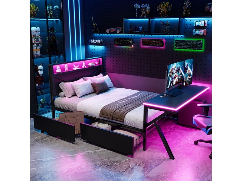  Lit simple gaming en métal 140 x 200 cm avec tête de lit à led, lit adulte noir, lit 1 personne a bureau à led et deux tiroirs  - Conforama C